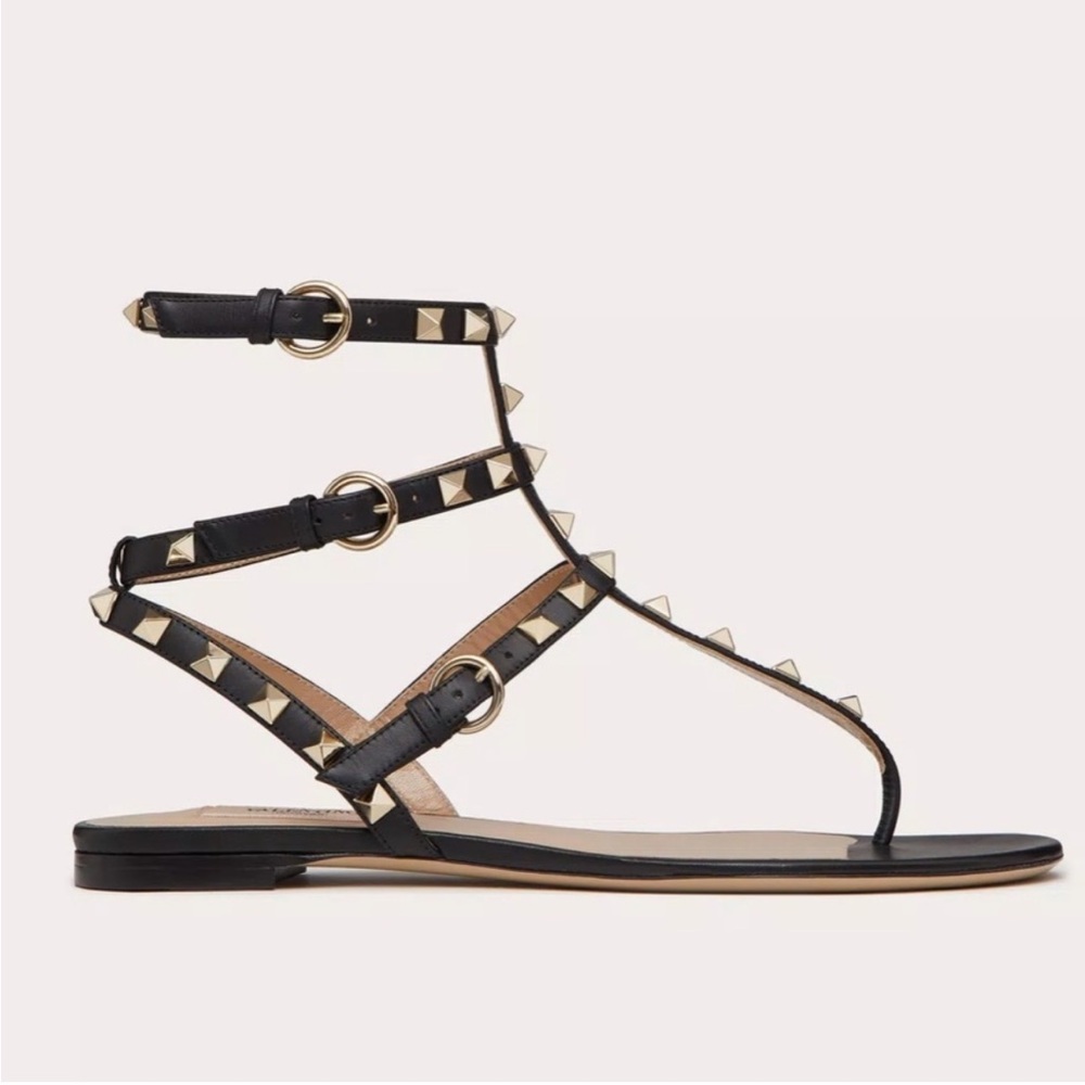 Valentino rockstud calfskin black ankle strap thing sandal